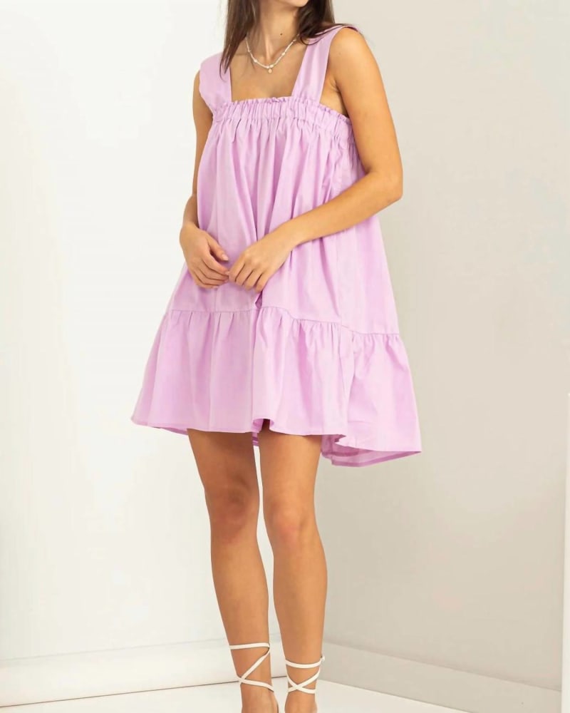 Front of a model wearing a size Large Sleeveless Ruffled Mini Dress In Lavender in Lavender by HYFVE. | dia_product_style_image_id:342283